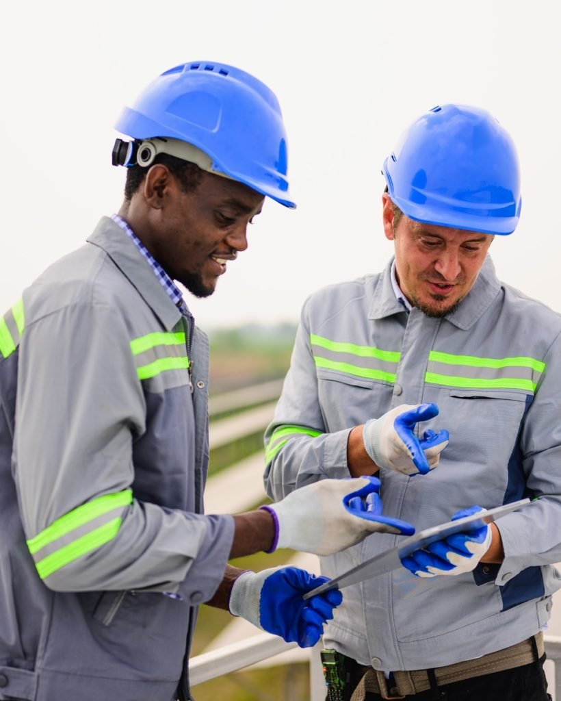 Maintenance engineer maintaining solar panels on solar cell farm